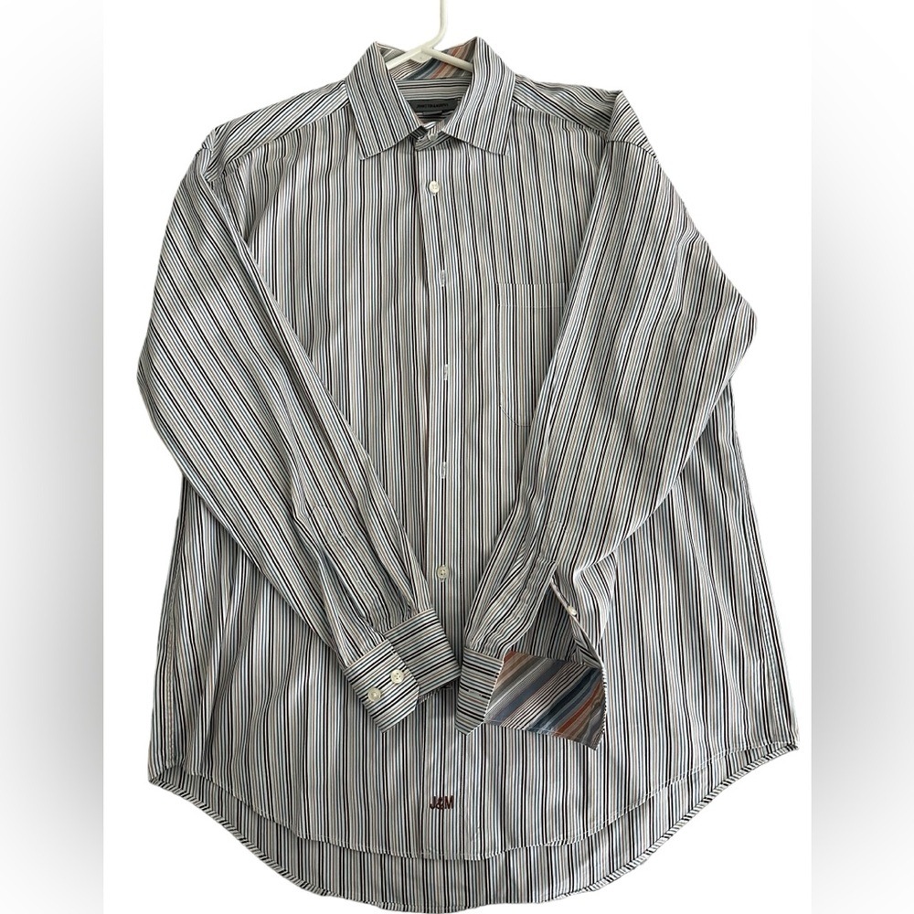 Men's Johnston & Murphy white blue brown stripe LS Dress shirt Size Medium